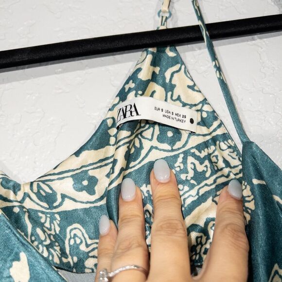 Zara Green & Cream Paisley Silk Slip Dress Size Small - Picture 5 of 8